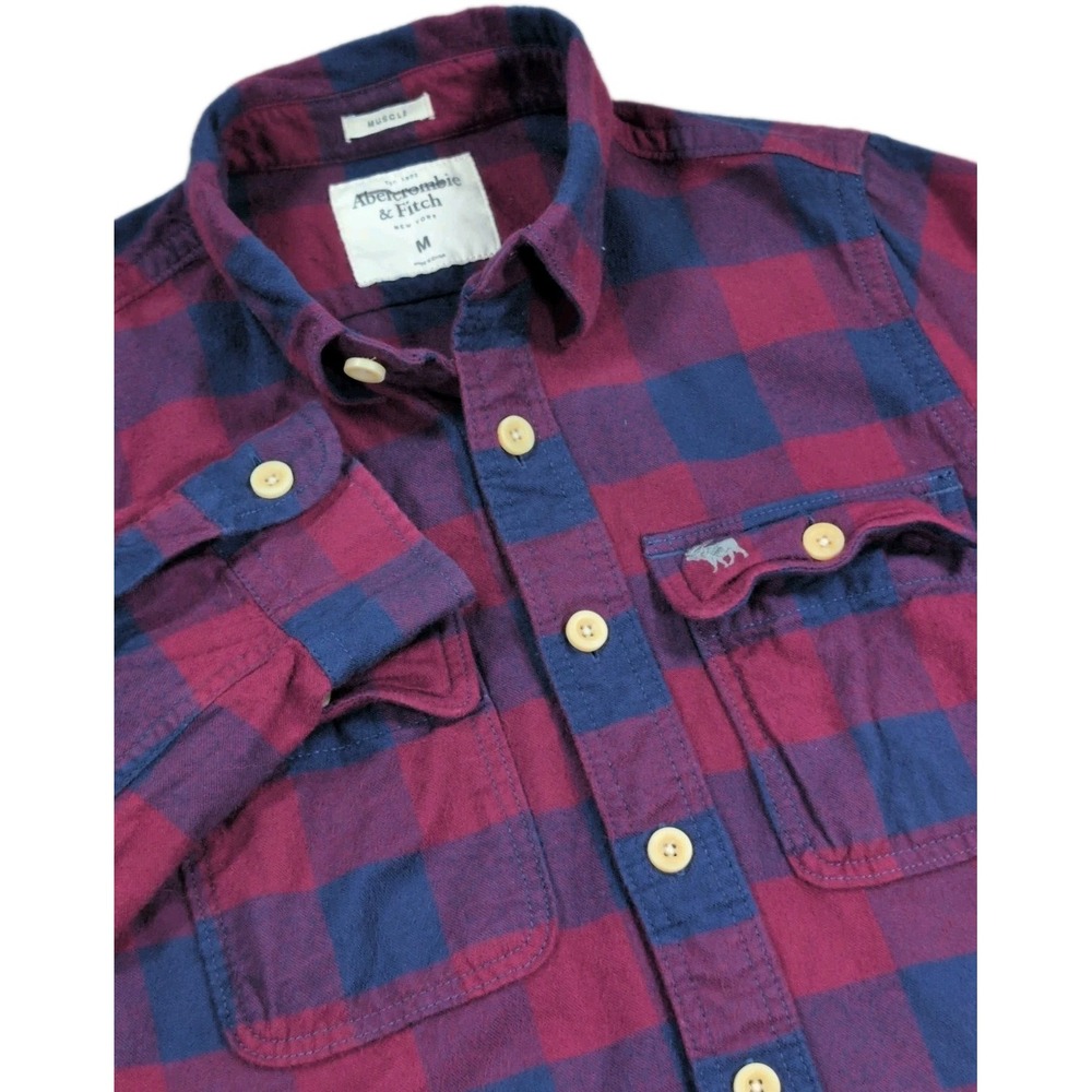 Abercrombie & Fitch Shirt Men's M Red Blue Flannel Plaid Muscle Fit Cotton
